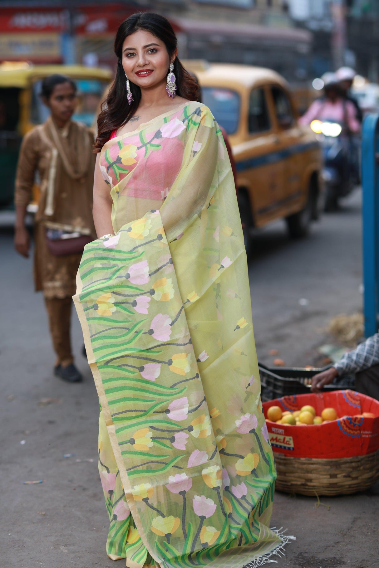 Light yellow with multi colour tulip handwoven muslin silk jamdani saree - Tamal Boutique