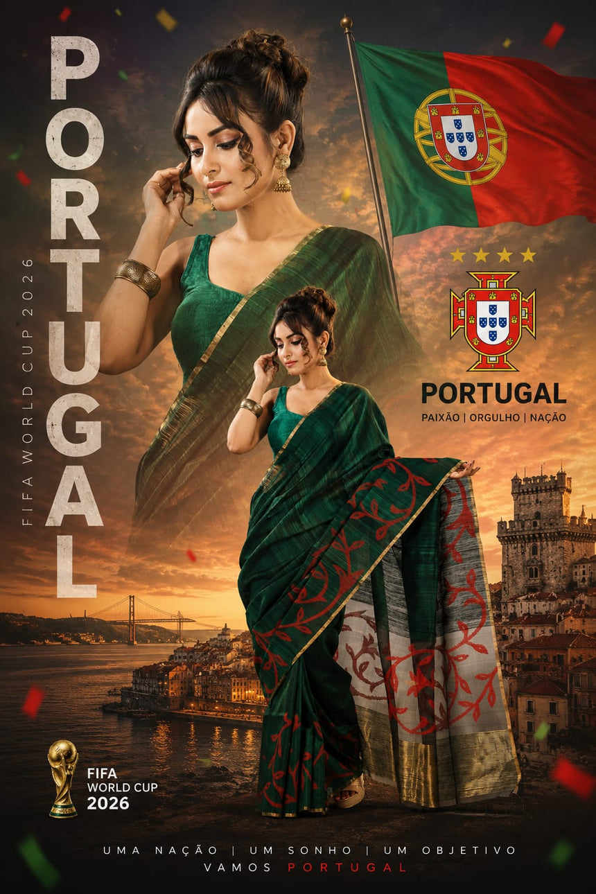 Bottle Green Matka Silk Handwoven Jamdani Saree with Needle Work – Portugal Inspired FIFA World Cup 2026 Collection