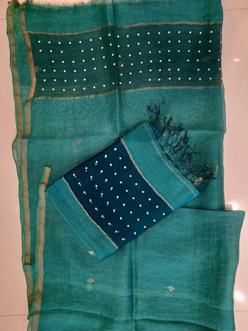 Sea green sequins with handwoven jamdani silk linen kurti & dupatta set - Tamal Boutique