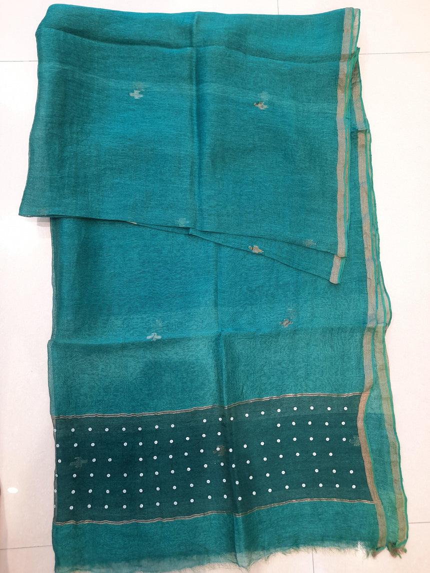 Sea green sequins with handwoven jamdani silk linen kurti & dupatta set - Tamal Boutique
