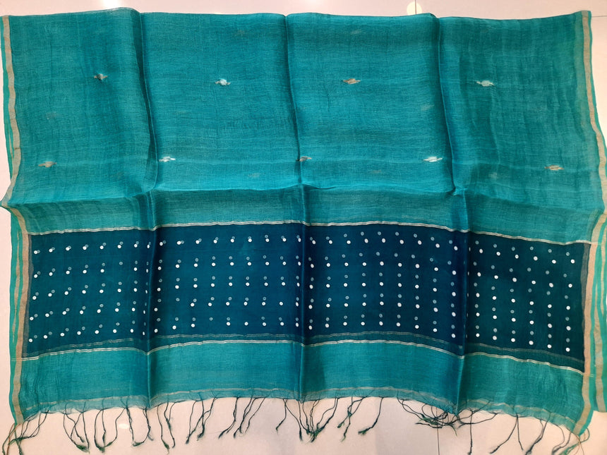 Sea green sequins with handwoven jamdani silk linen kurti & dupatta set - Tamal Boutique