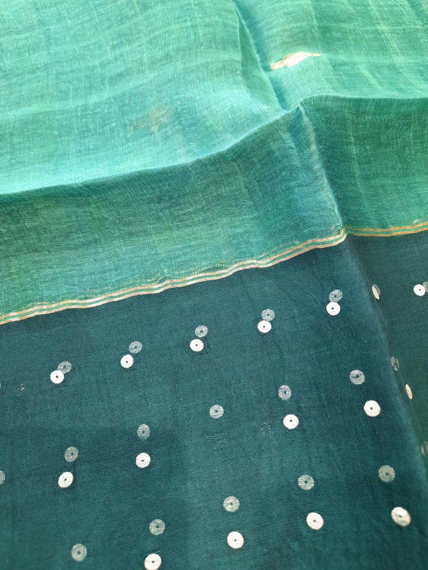 Sea green sequins with handwoven jamdani silk linen kurti & dupatta set - Tamal Boutique