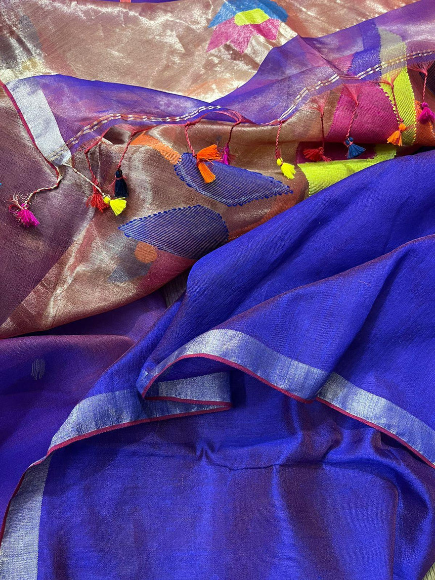Purple colour with zari border love bird pure organza silk paithani handwoven jamdani saree - Tamal Boutique