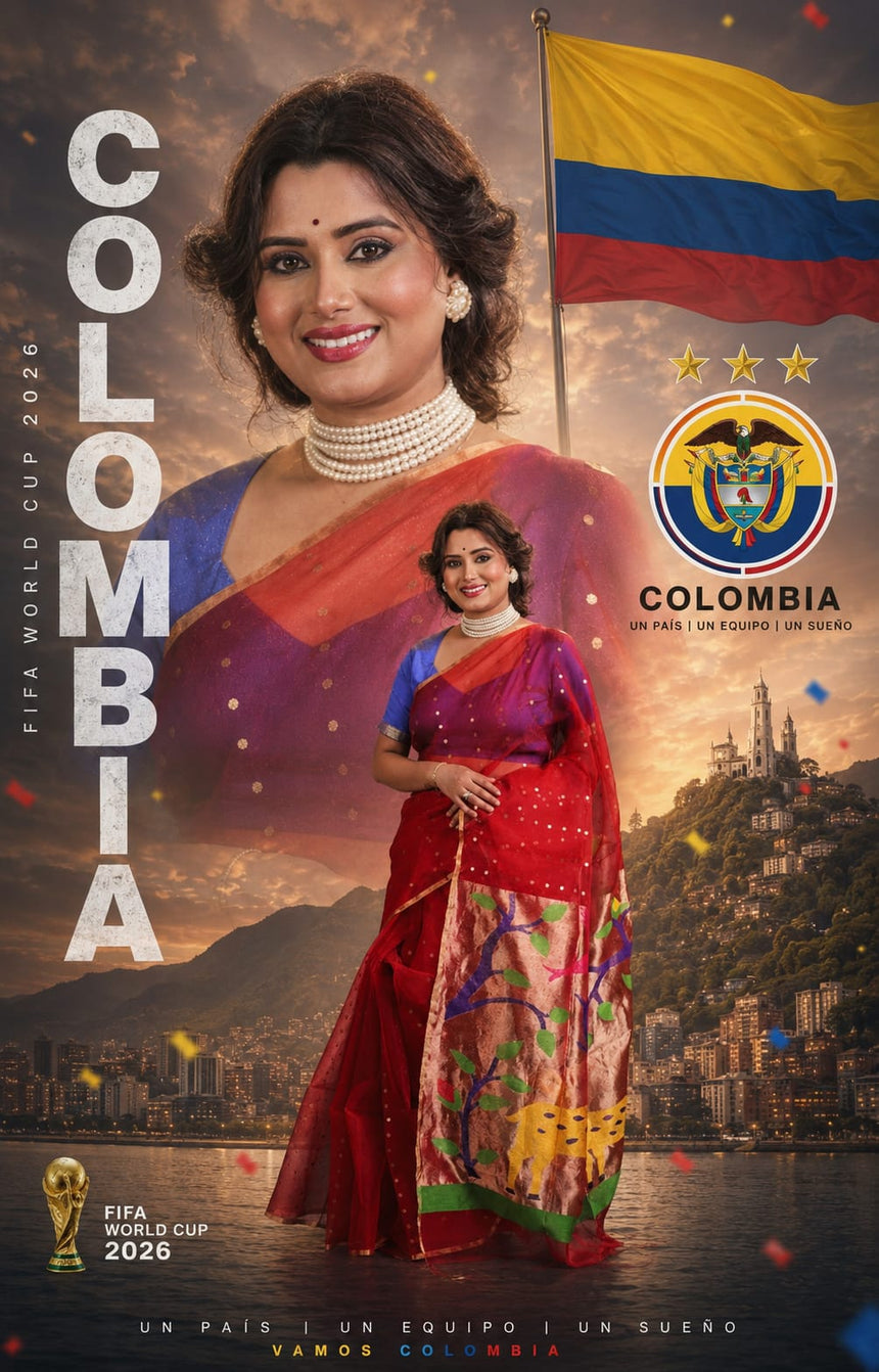Red Colour Organza Silk Paithani Sequins Saree – Colombia Football Fan FIFA World Cup 2026 Collection