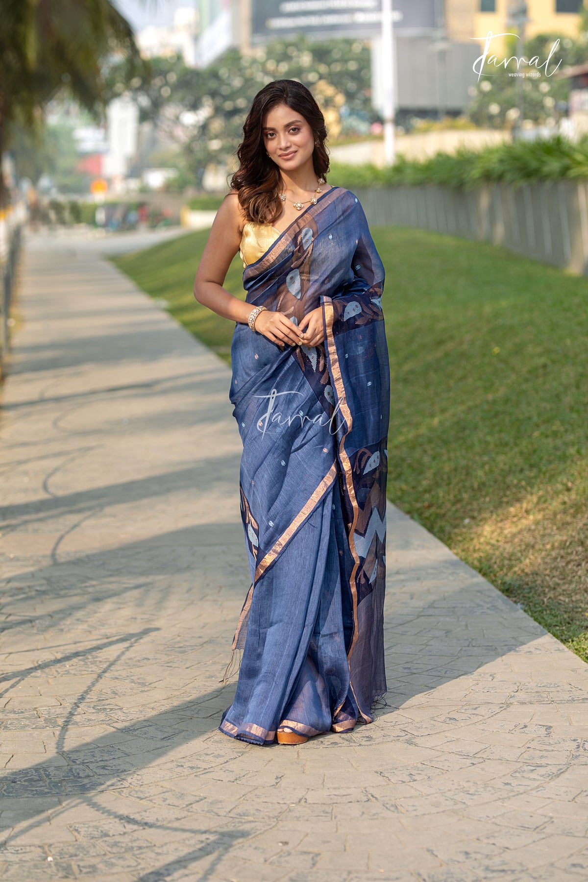 Dusty Indigo Blue With Zari Border Silk Linen Handwoven Jamdani Saree
