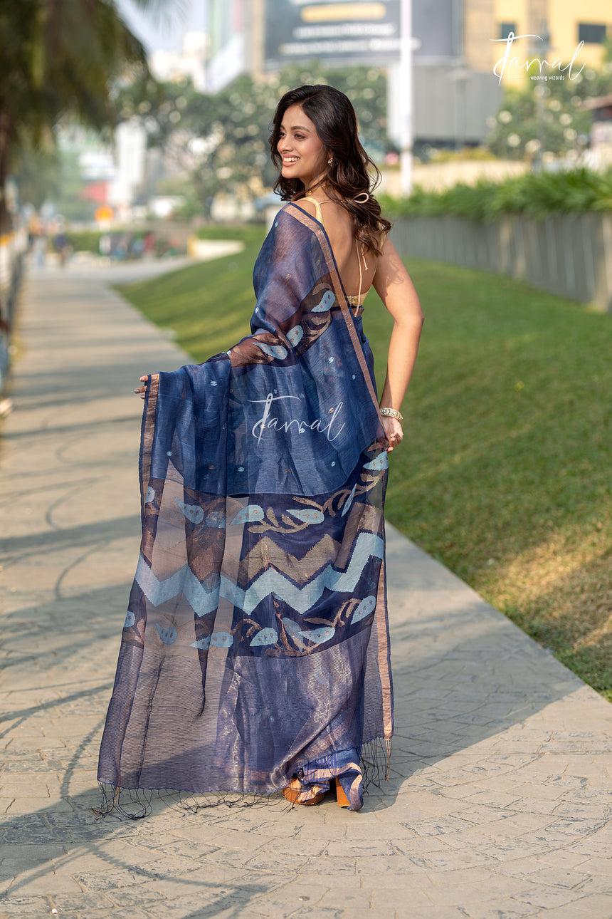 Dusty Indigo Blue With Zari Border Silk Linen Handwoven Jamdani Saree