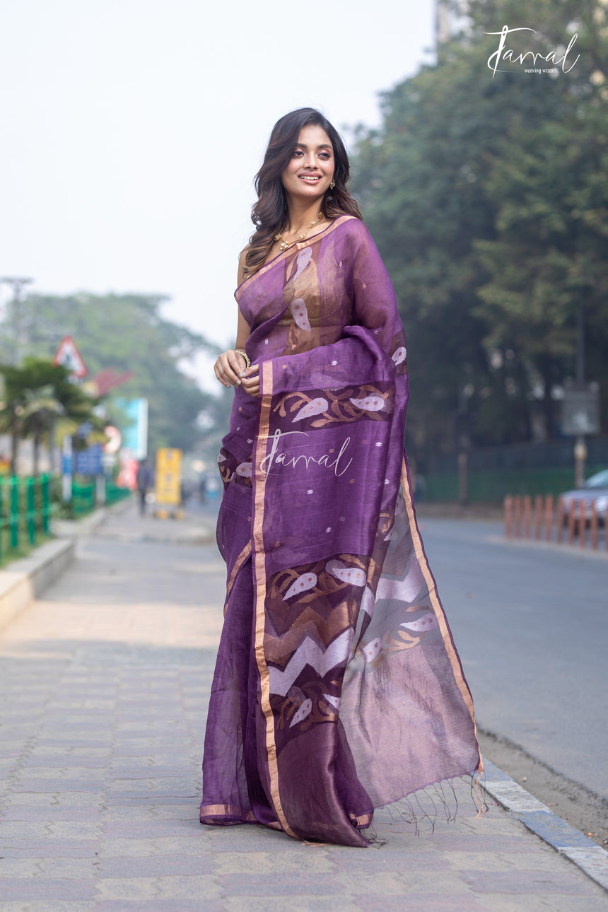 Deep Wine Purple With Zari Border Silk Linen Handwoven Jamdani Saree