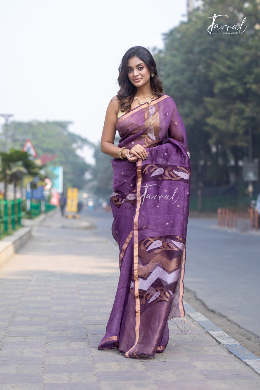Deep Wine Purple With Zari Border Silk Linen Handwoven Jamdani Saree