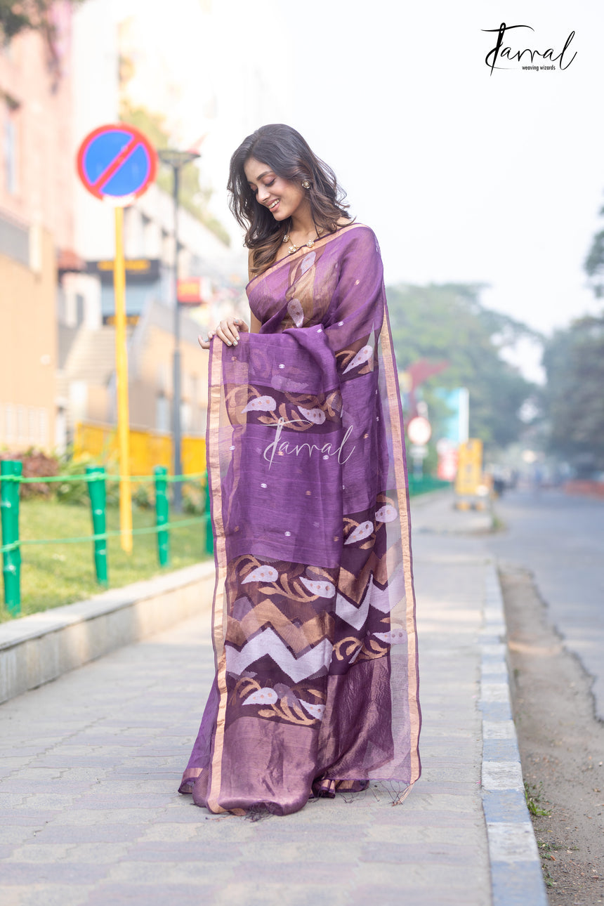 Deep Wine Purple With Zari Border Silk Linen Handwoven Jamdani Saree
