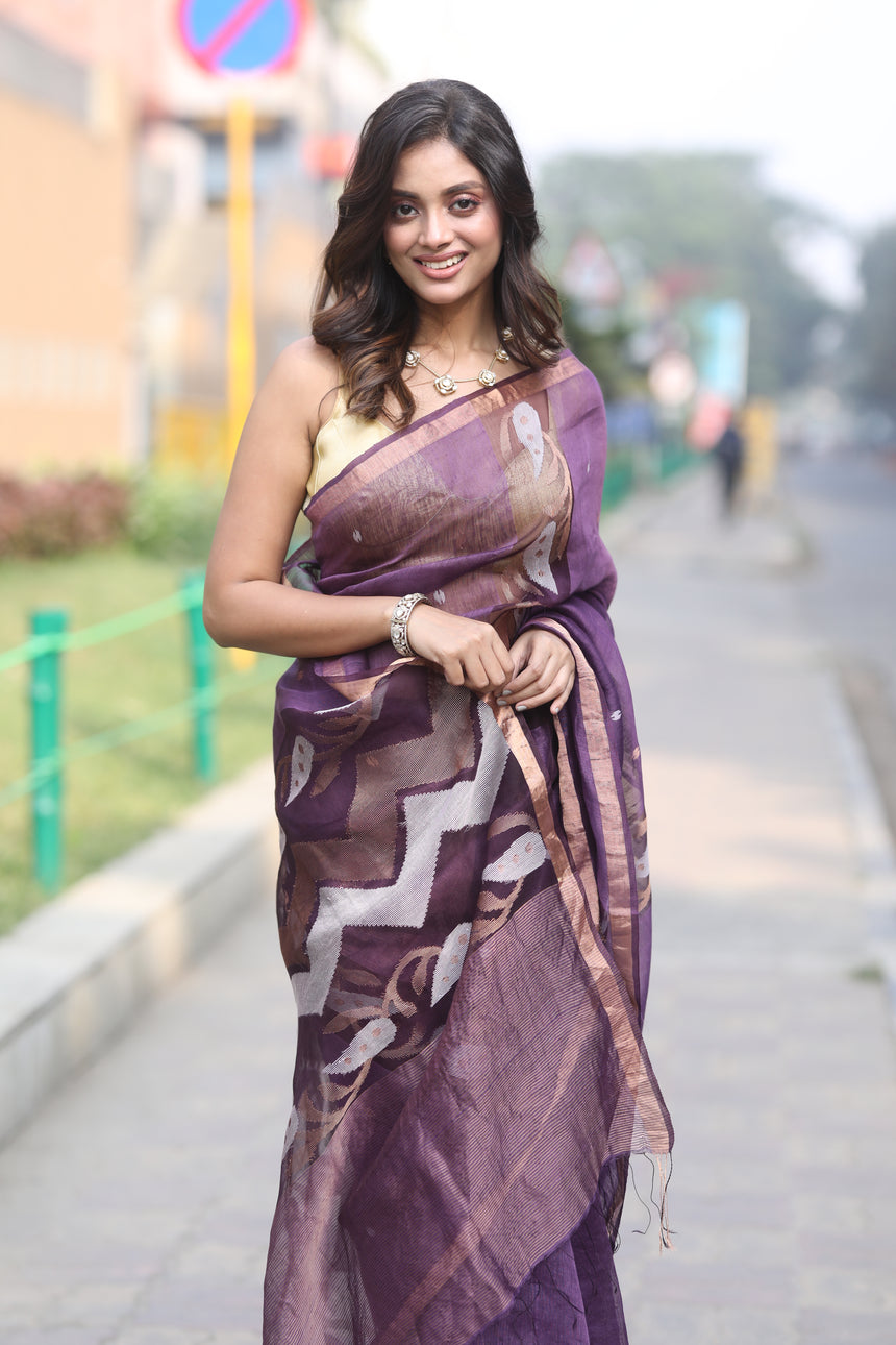 Deep Wine Purple With Zari Border Silk Linen Handwoven Jamdani Saree