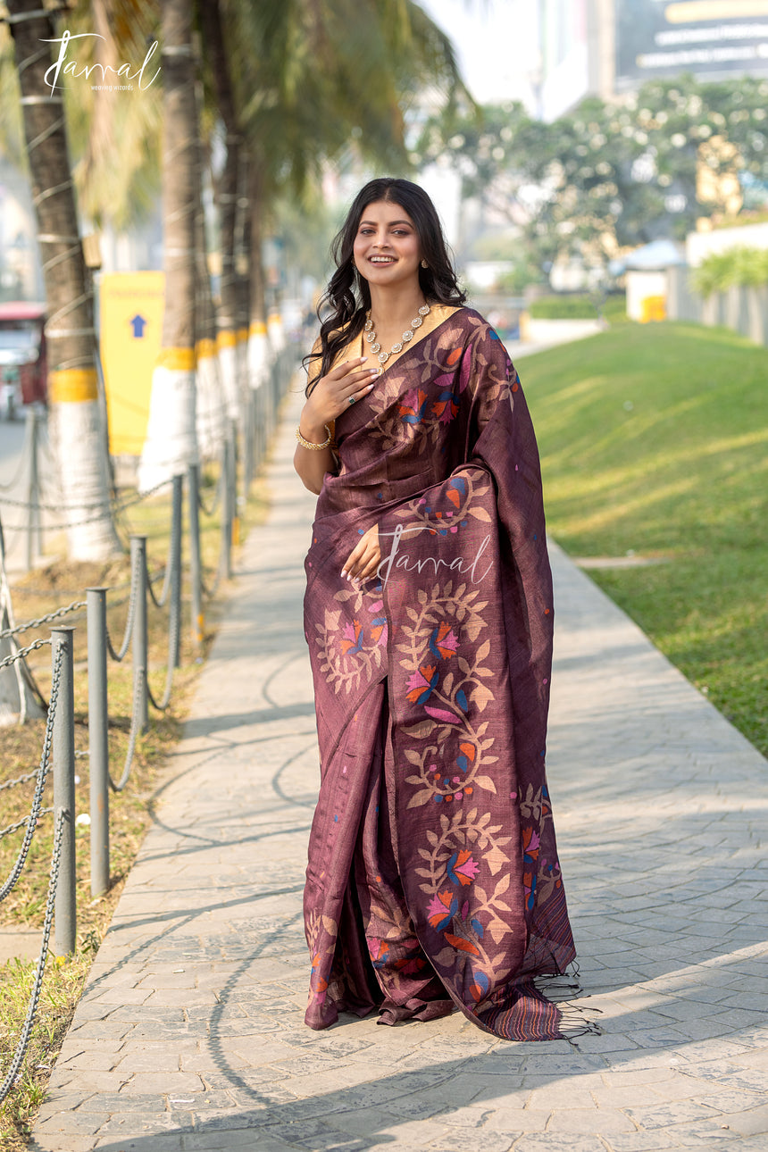 Chocolate Brown Allover Floral Handwoven Tussar Silk Jamdani Saree