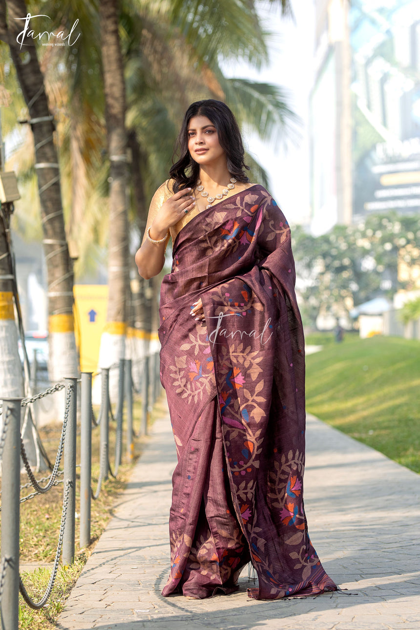 Chocolate Brown Allover Floral Handwoven Tussar Silk Jamdani Saree