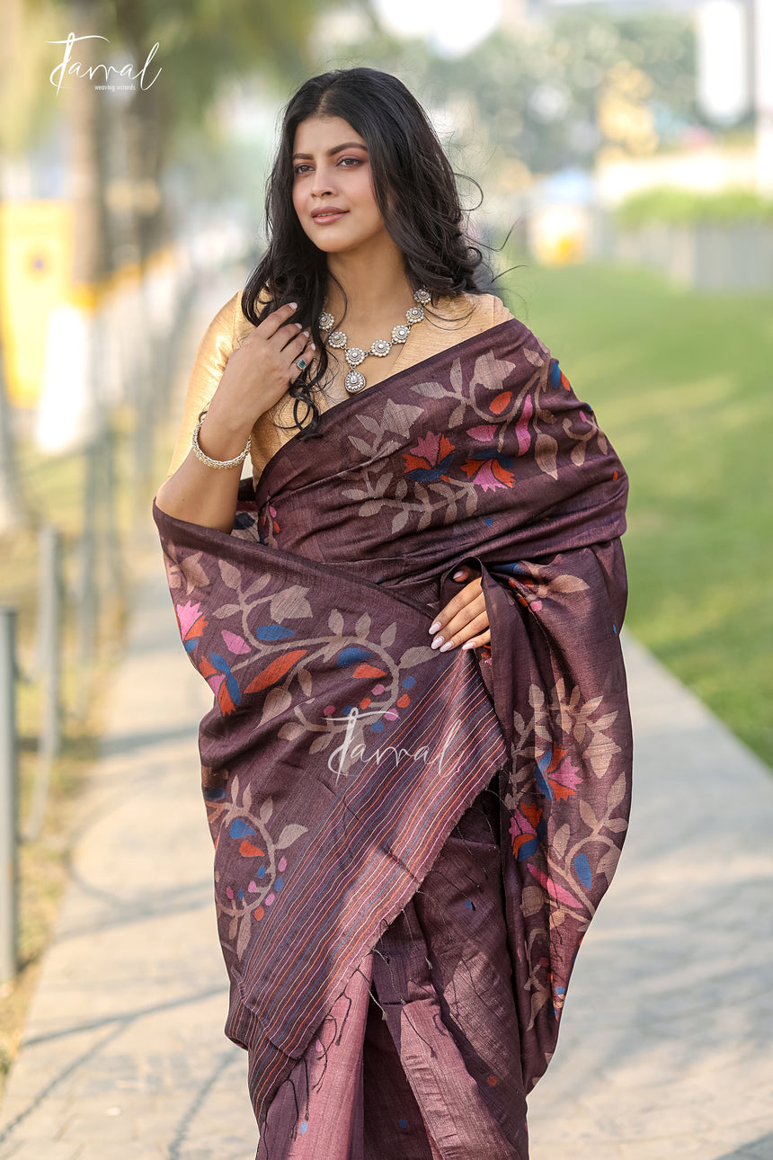 Chocolate Brown Allover Floral Handwoven Tussar Silk Jamdani Saree