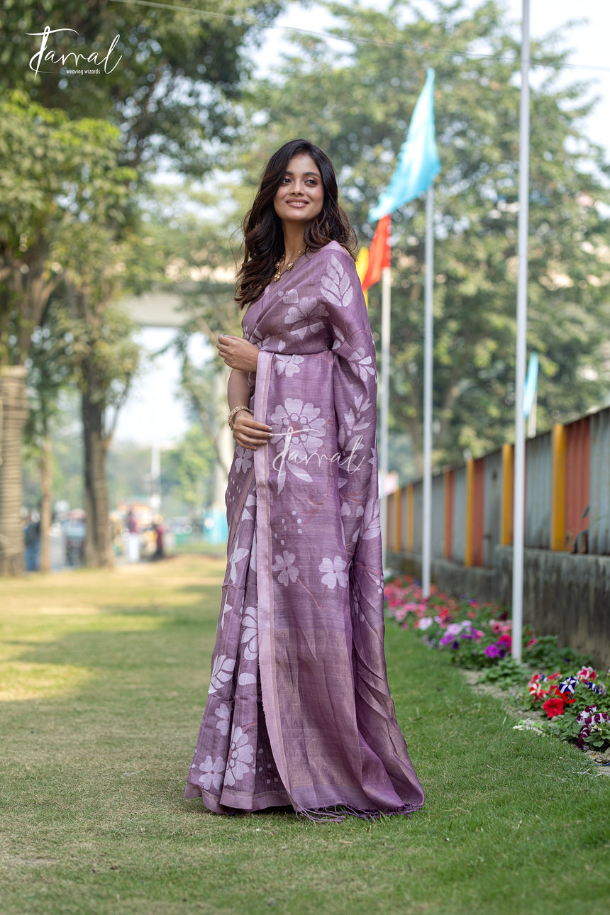 Dusty Mauve With Off-white Floral Motifs Handwoven Tussar Silk Jamdani Saree