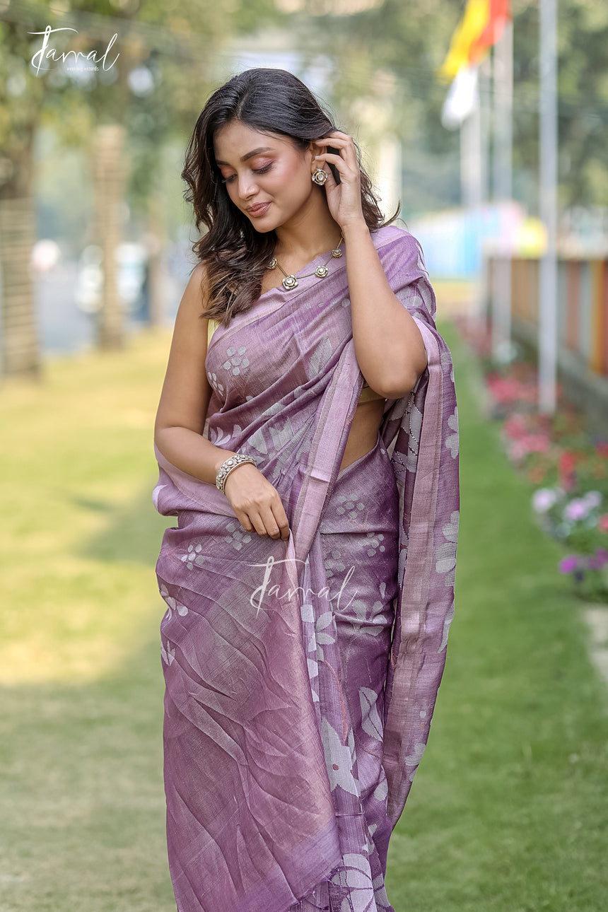 Dusty Mauve With Off-white Floral Motifs Handwoven Tussar Silk Jamdani Saree