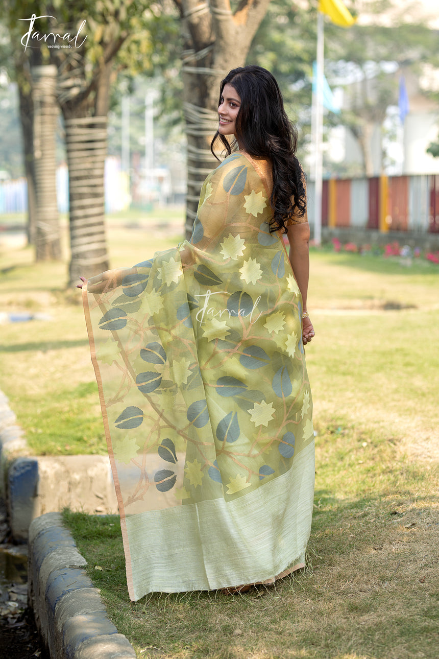 Light Sage Green Half & Half Matka Muslin Handwoven Jamdani Saree