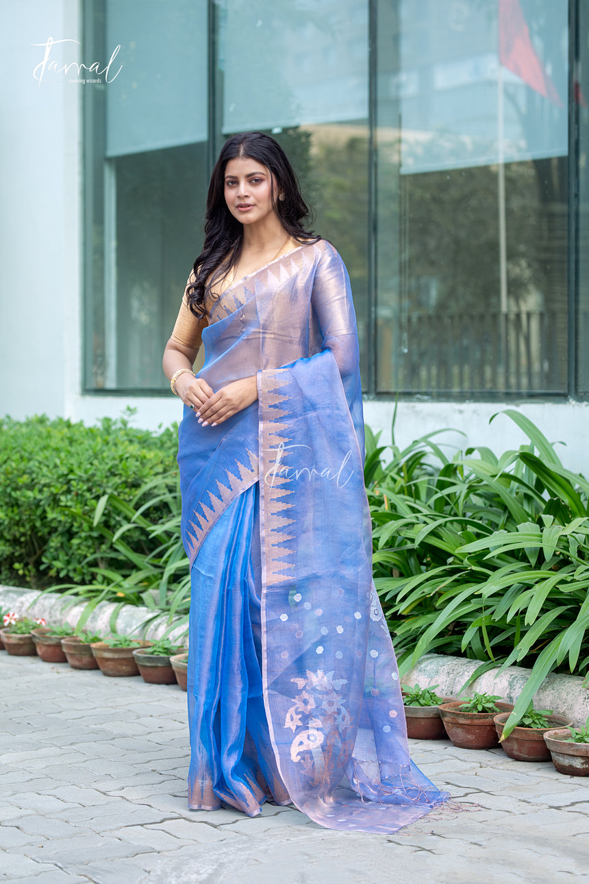 Soft Golden Sky Blue Pure Tissue Muslin Silk Handwoven Jamdani Saree