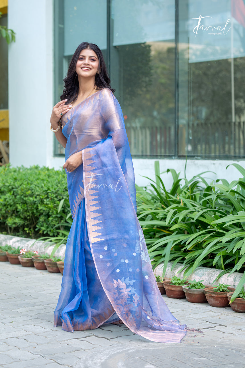 Soft Golden Sky Blue Pure Tissue Muslin Silk Handwoven Jamdani Saree