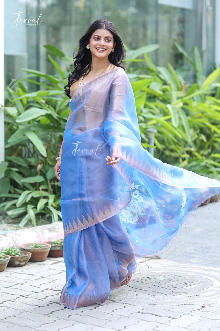 Soft Golden Sky Blue Pure Tissue Muslin Silk Handwoven Jamdani Saree