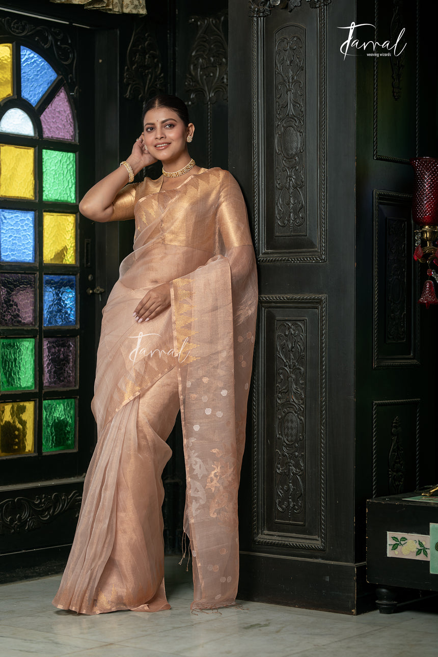 Golden Ivory White Pure Tissue Muslin Handwoven Jamdani Saree