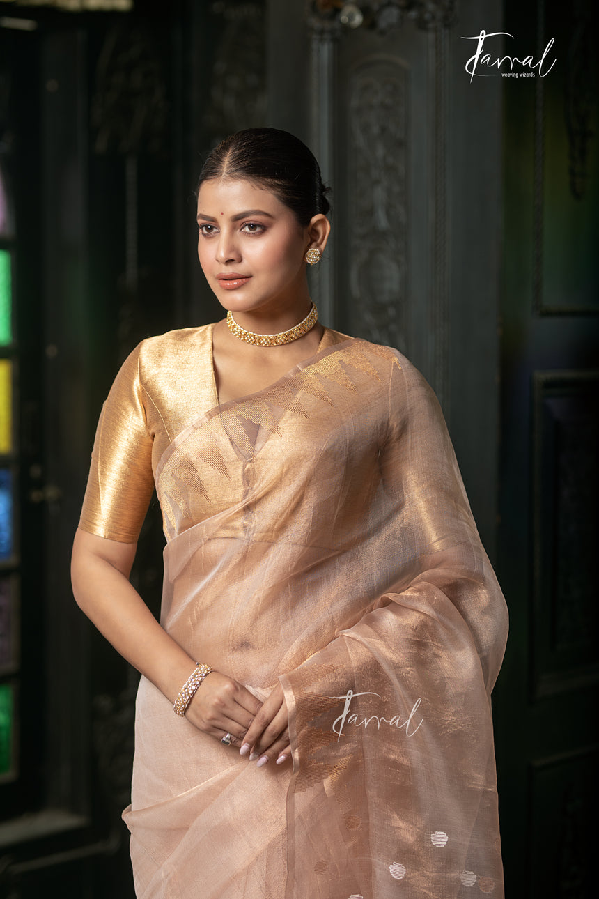 Golden Ivory White Pure Tissue Muslin Handwoven Jamdani Saree