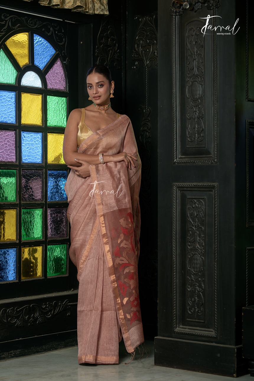 Dusty Rose With Copper Tone Pure Silk Linen Handwoven Jamdani Saree