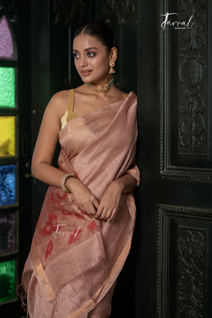 Dusty Rose With Copper Tone Pure Silk Linen Handwoven Jamdani Saree