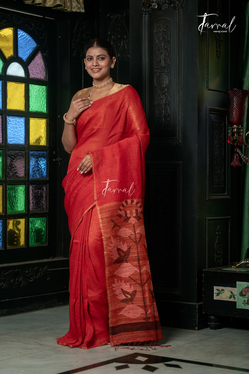 Red With Ghicha Pallu Pure Linen Handwoven Jamdani Saree