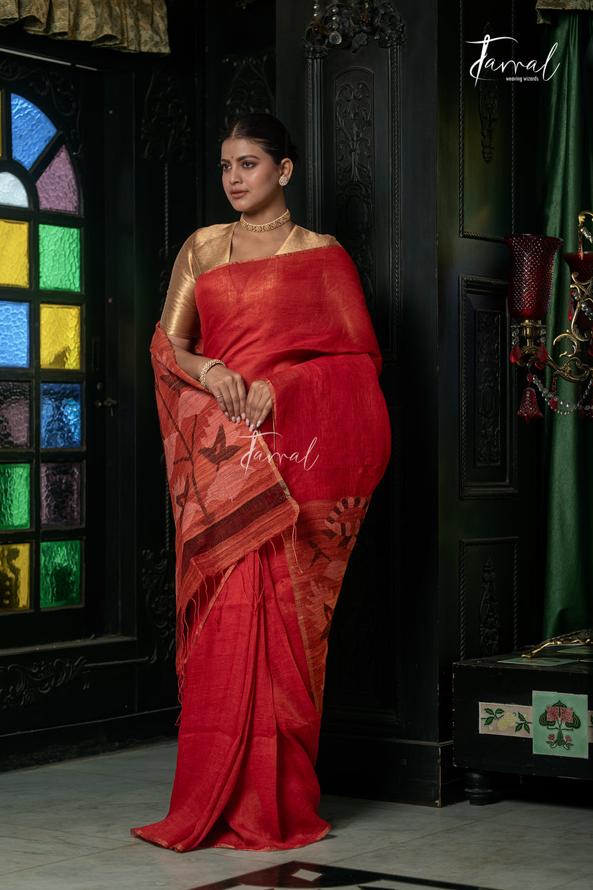 Red With Ghicha Pallu Pure Linen Handwoven Jamdani Saree