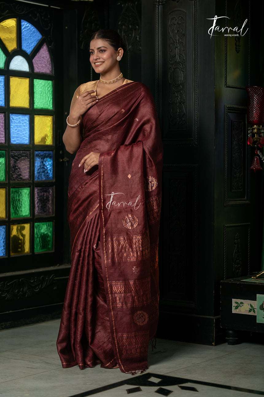Brown Colour Pure Tussar Silk Handwoven Jamdani Saree