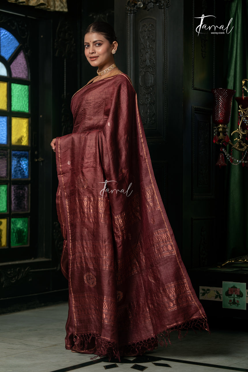 Brown Colour Pure Tussar Silk Handwoven Jamdani Saree