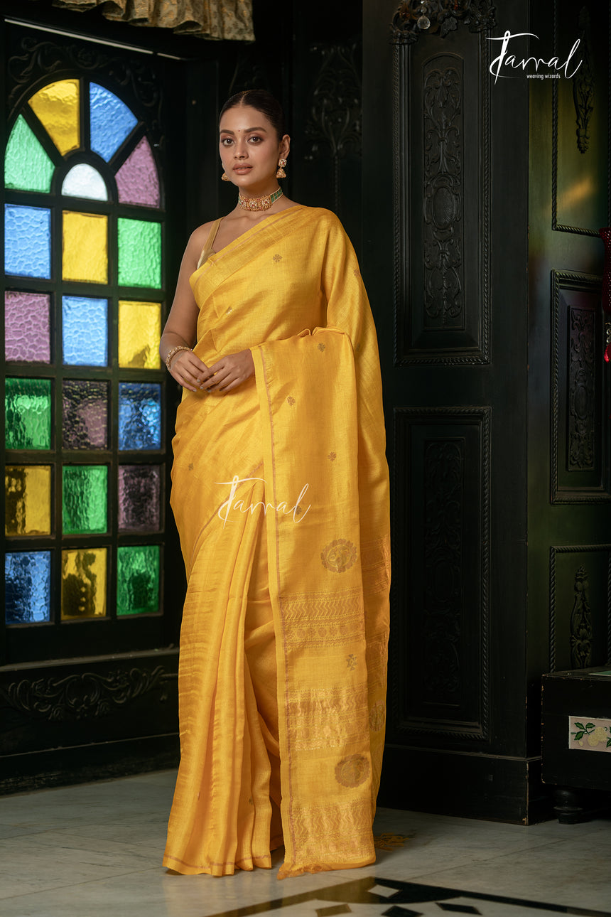 Golden Yellow Colour Pure Tussar Silk Handwoven Jamdani Saree