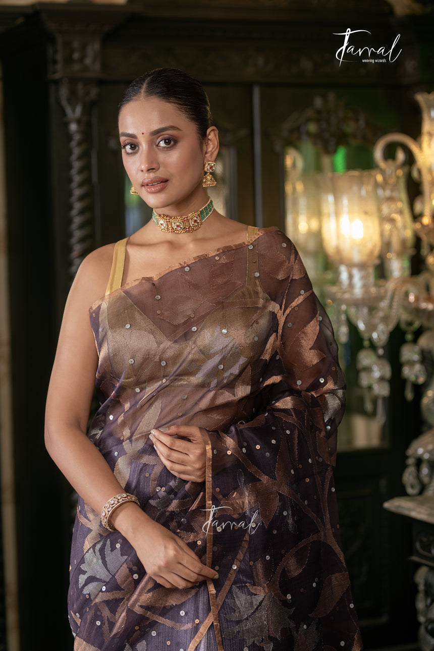 Chocolaty Lavender Half & Half Matka Muslin Silk Handwoven Jamdani Saree