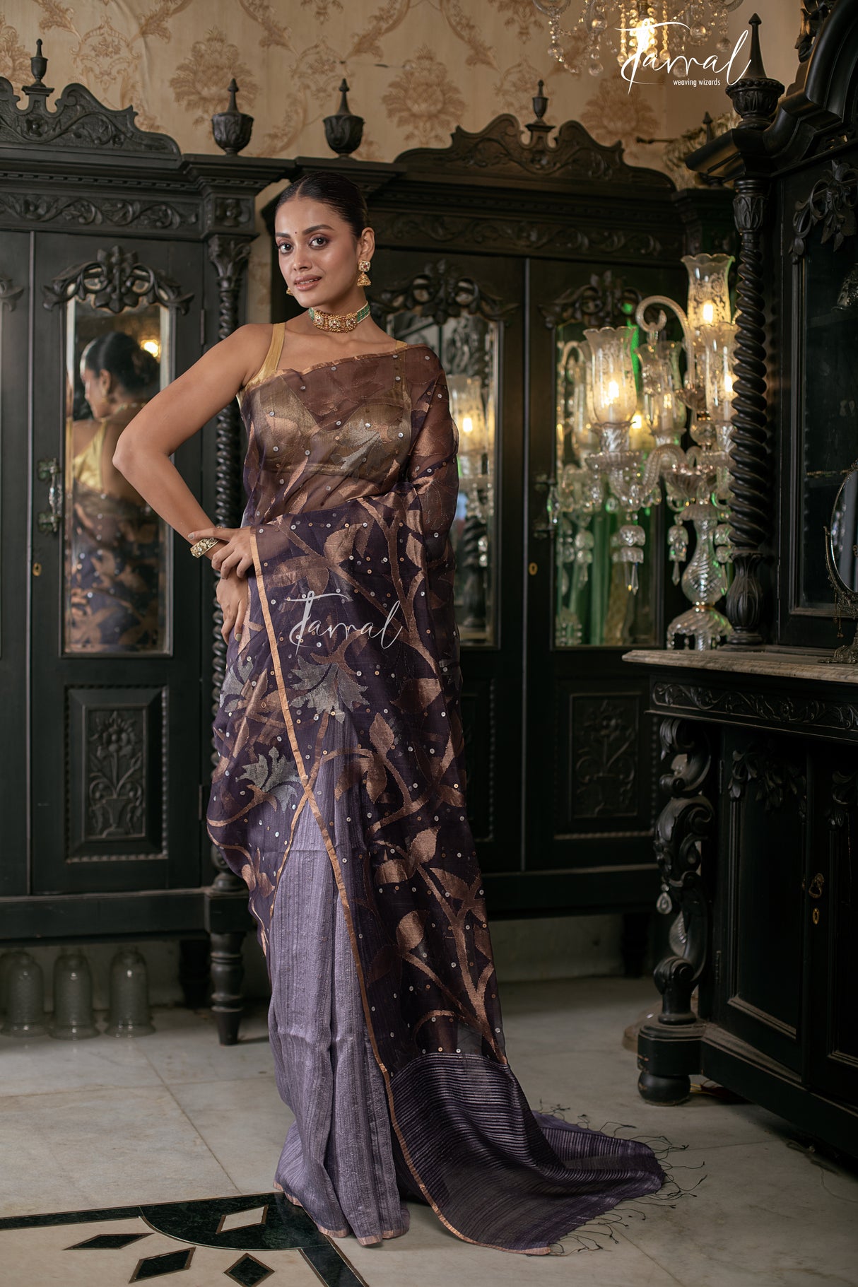 Chocolaty Lavender Half & Half Matka Muslin Silk Handwoven Jamdani Saree
