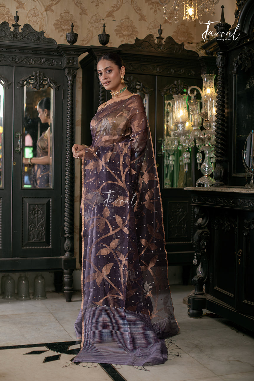 Chocolaty Lavender Half & Half Matka Muslin Silk Handwoven Jamdani Saree