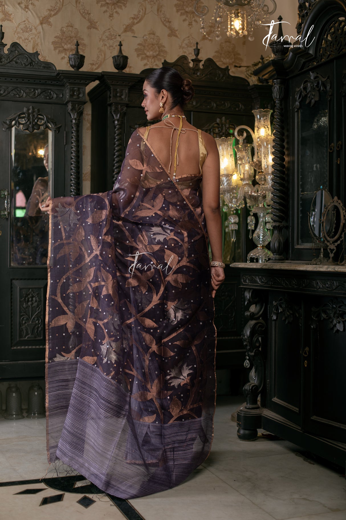 Chocolaty Lavender Half & Half Matka Muslin Silk Handwoven Jamdani Saree