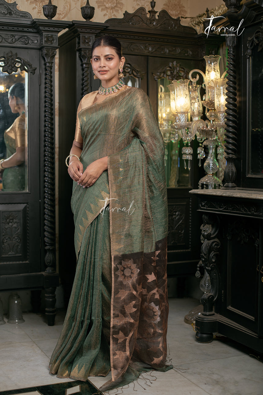 Bottle Green With Golden Border Tissue Linen Handwoven Jamdani Saree