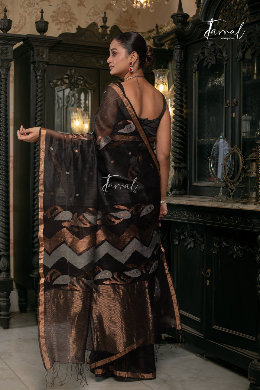 Black With Golden Zari Border Silk Linen Handwoven Jamdani Saree