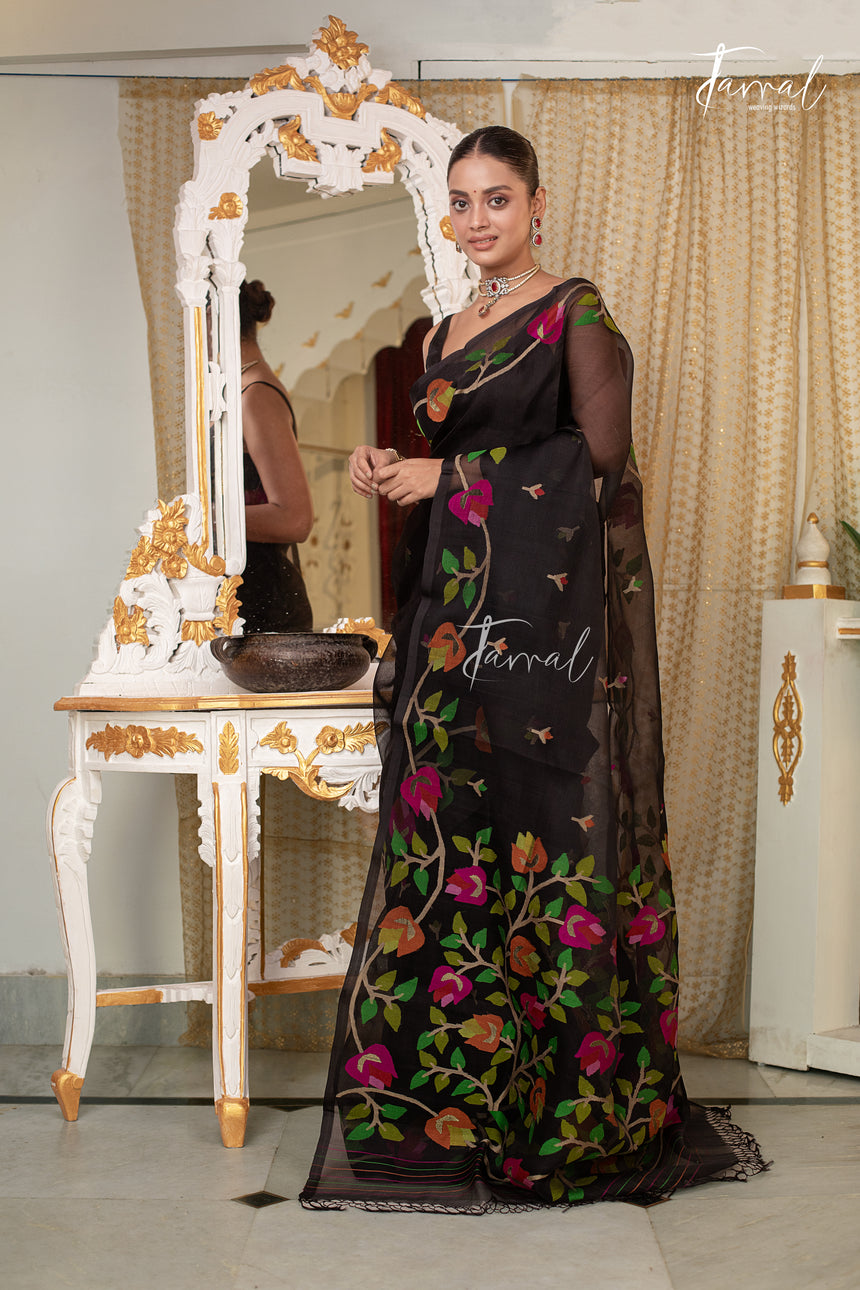 Black With Multicolour Floral Design Pure Muslin Silk Handwoven Jamdani Saree
