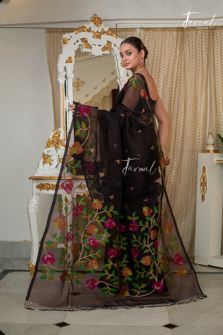 Black With Multicolour Floral Design Pure Muslin Silk Handwoven Jamdani Saree