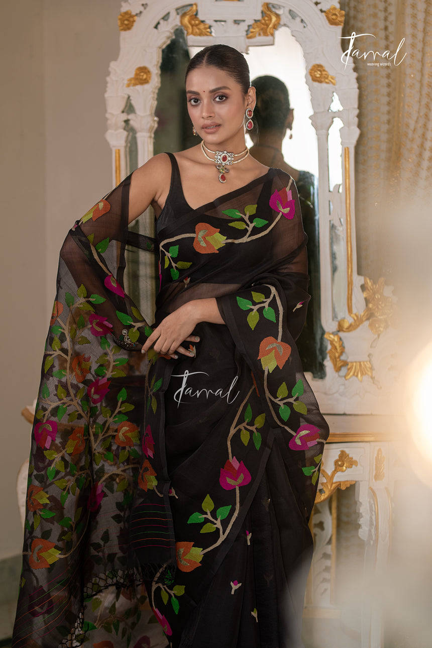 Black With Multicolour Floral Design Pure Muslin Silk Handwoven Jamdani Saree