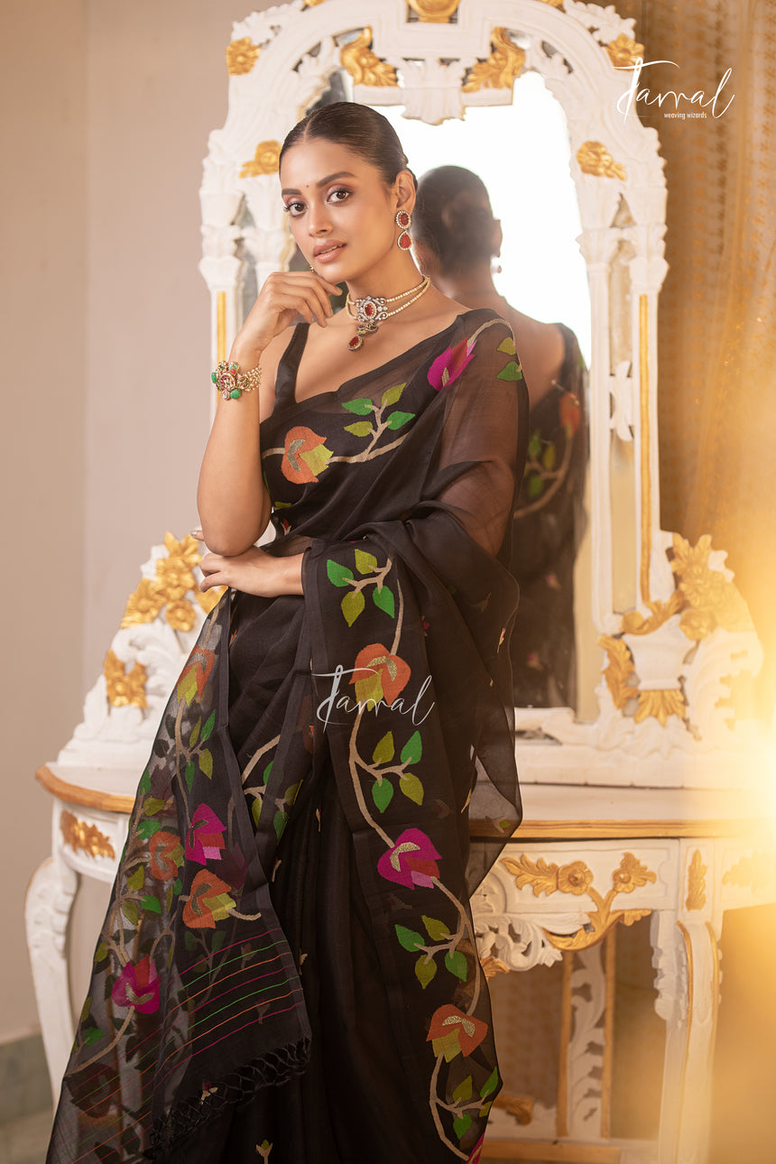 Black With Multicolour Floral Design Pure Muslin Silk Handwoven Jamdani Saree