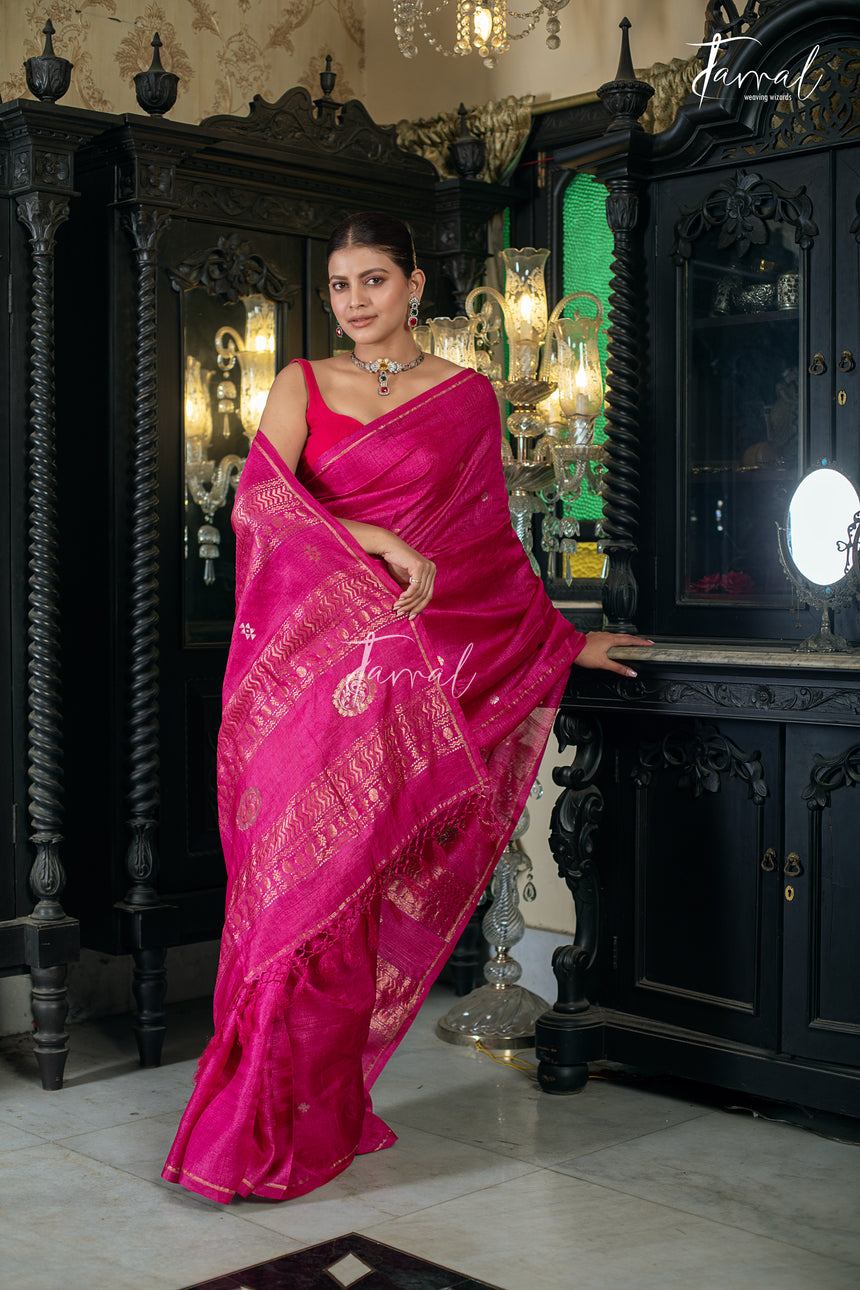 Hot Pink Colour Pure Tussar Silk Handwoven Jamdani Saree