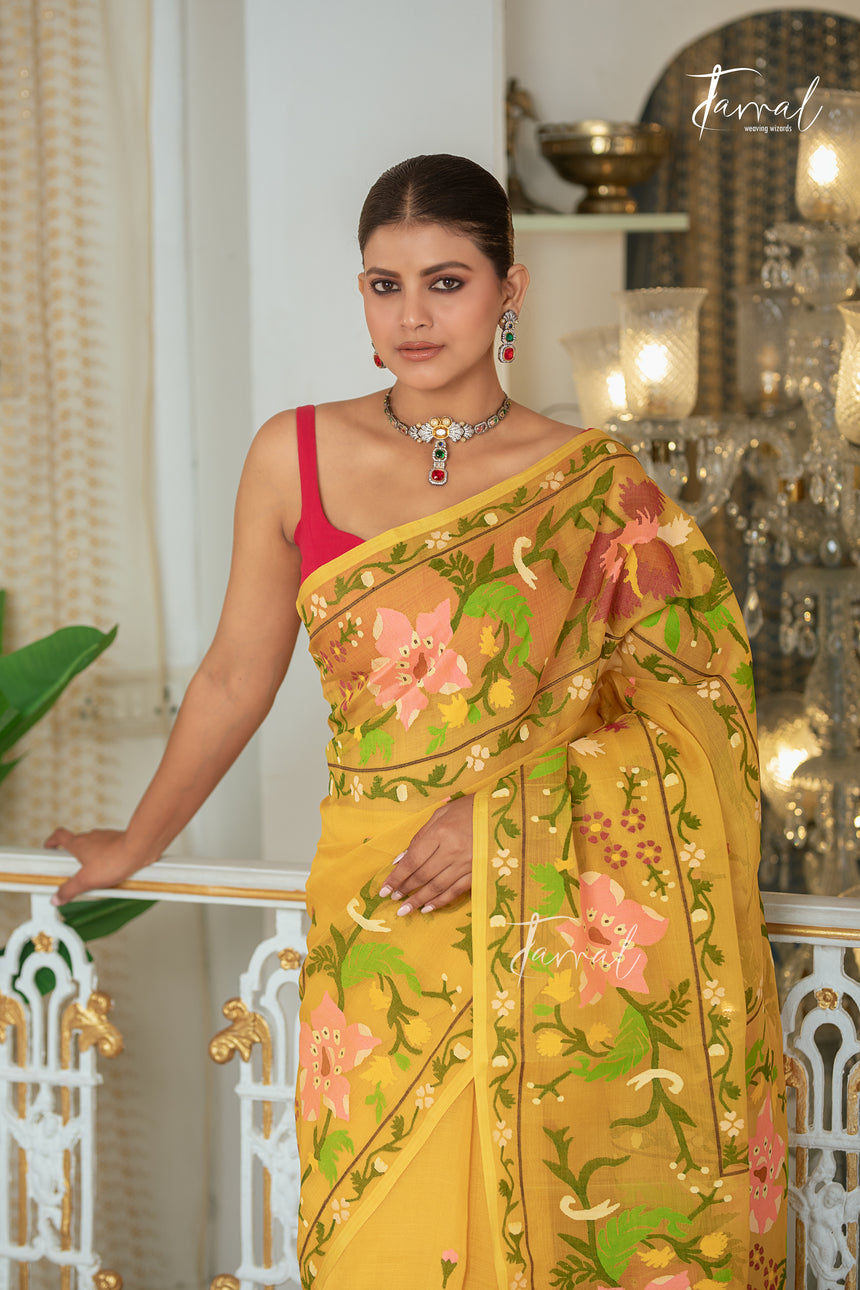 Yellow With Multicolour Allover Floral Handwoven Jamdani Saree