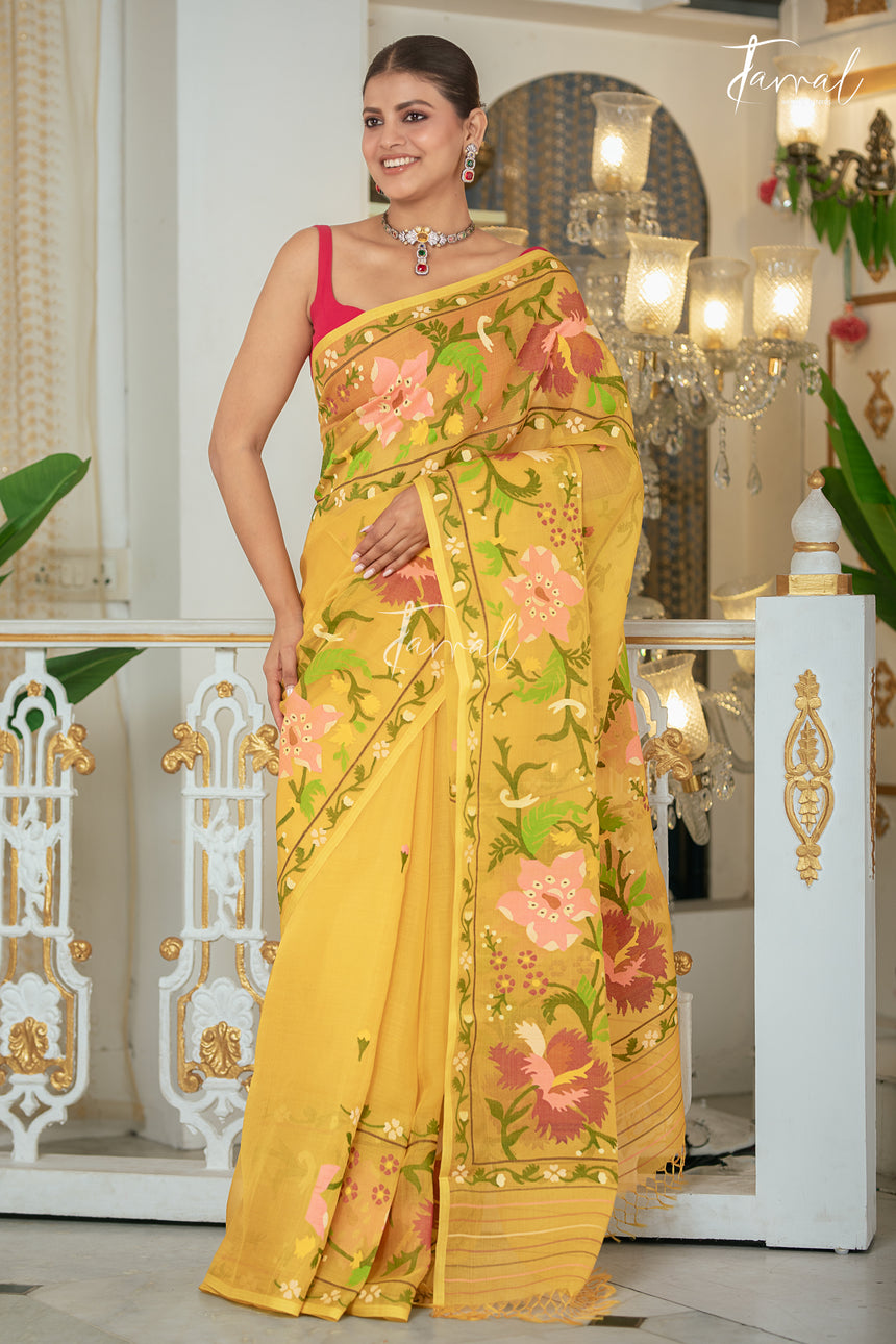 Yellow With Multicolour Allover Floral Handwoven Jamdani Saree