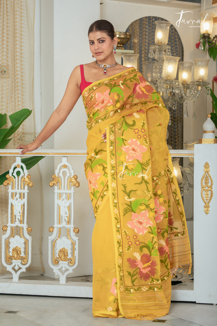 Yellow With Multicolour Allover Floral Handwoven Jamdani Saree