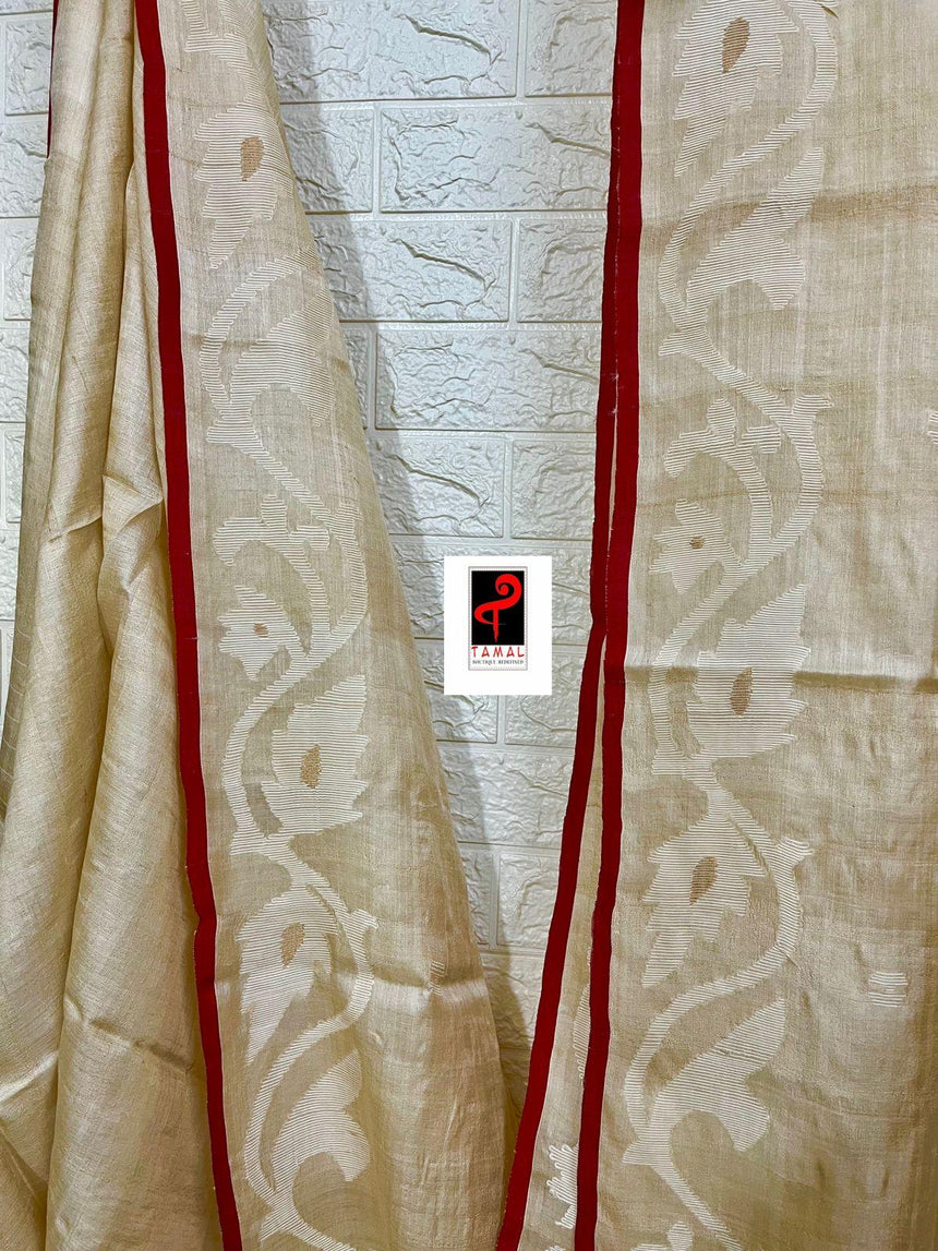 Alpona motifs handwoven jamdani saree in tusser silk with red border closeup1