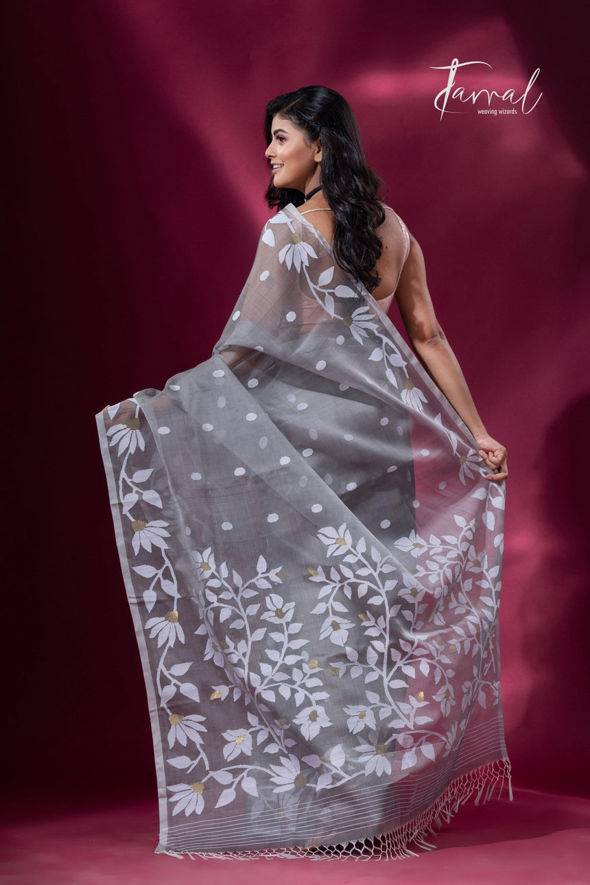 Ash Grey handwoven muslin silk jamdani saree back