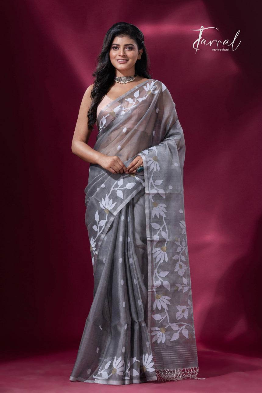 Ash Grey handwoven muslin silk jamdani saree front