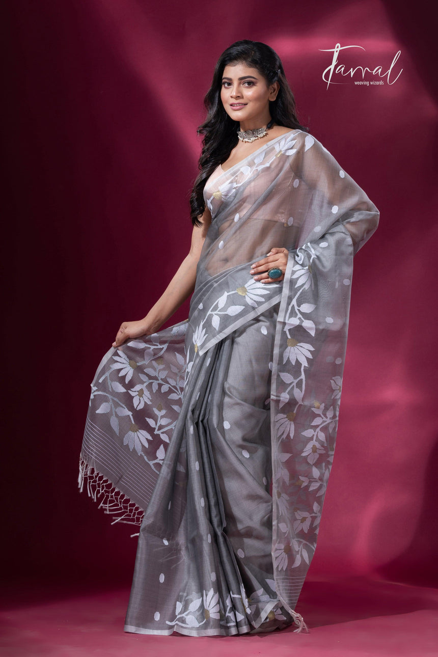 Ash Grey handwoven muslin silk jamdani saree left